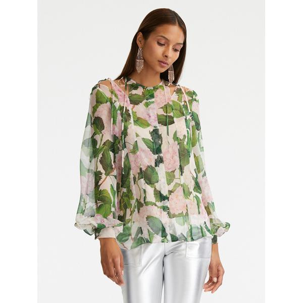 Hydrangea Tie-Neck Chiffon Blouse | Oscar de la Renta