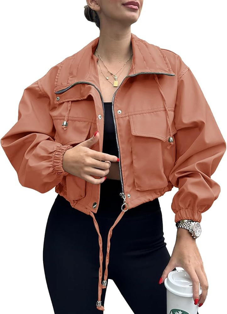 Tankaneo Womens Cropped Jacket Zip Up Lightweight Oversized Utility Anorak Coat with Pockets | Amazon (US)