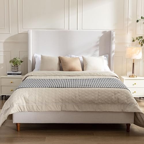 LOONGYOON Queen 54" Tall Headboard Wingback Upholstered Platform Bed Frame Elegant Simplicity Textured Canvas for Bedroom Strong Wood Slats Support No Box Spring Needed Easy Assembly No Noise Ivory | Amazon (US)
