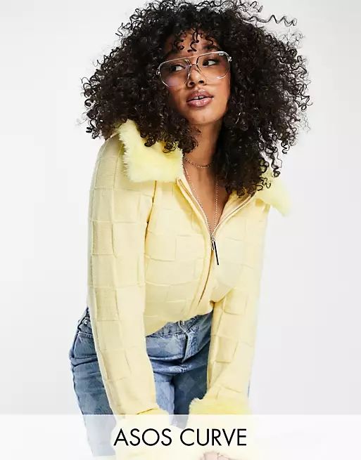 ASOS DESIGN Curve fur trim cardigan with checkerboard stitch in yellow | ASOS (Global)