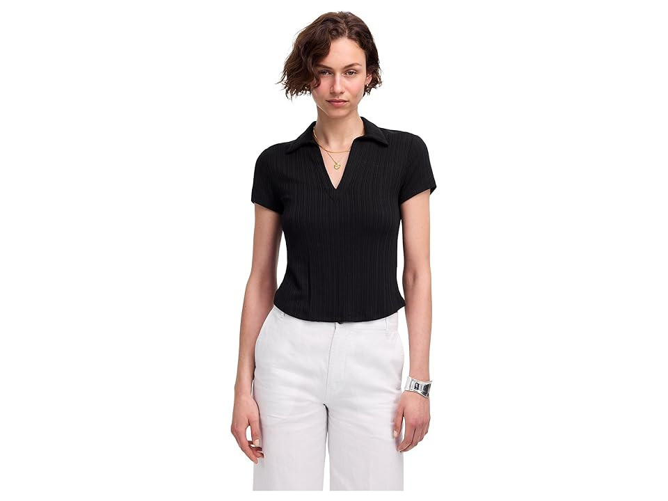 Madewell Low V-Neck Short Sleeve Polo Women's Clothing Jet Black : SM (Women's 2-4), Elastane/Lyocell/Tencel | Zappos