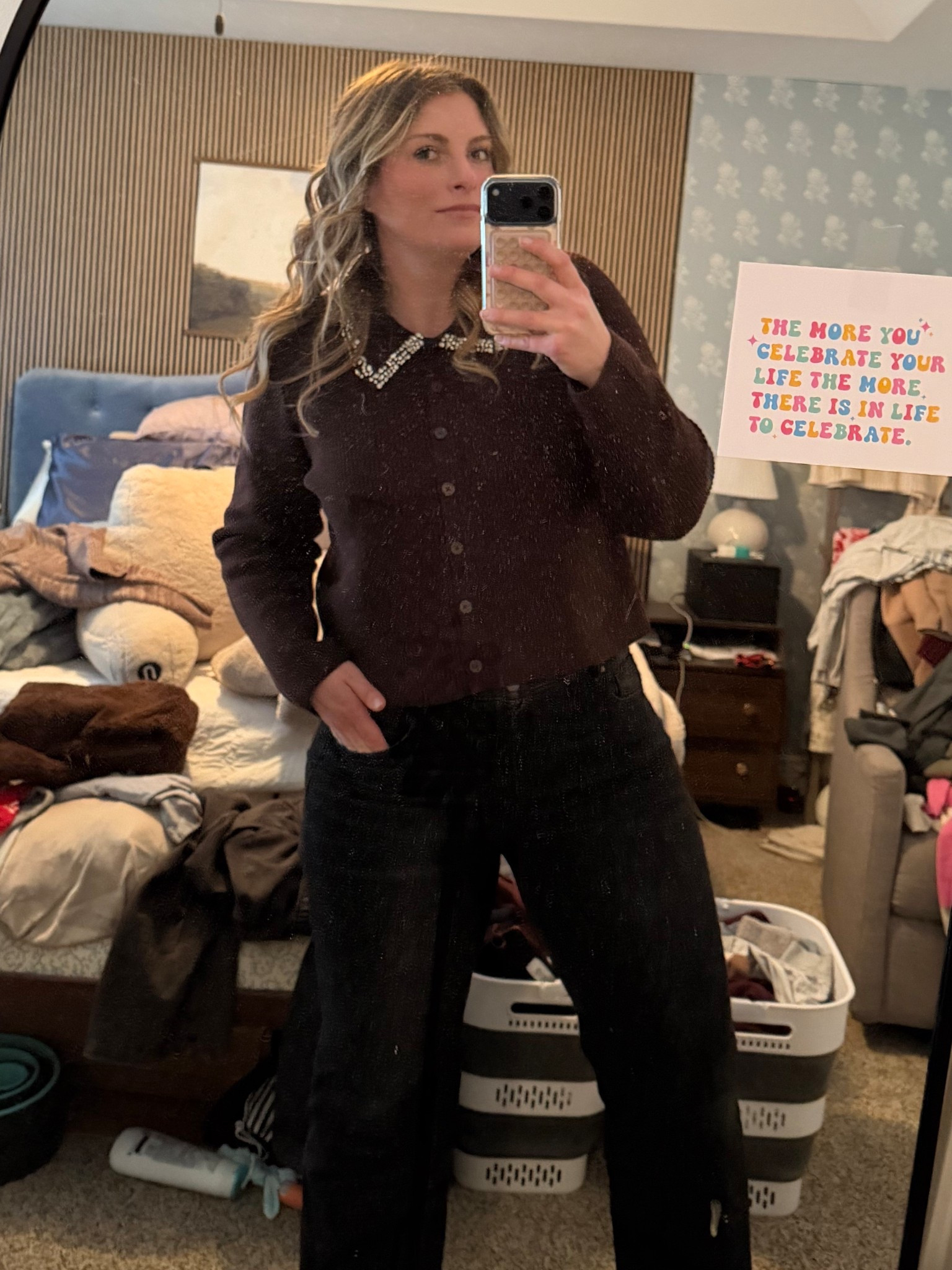 Ignore the mess but honestly this cardigan shines past it all! Such a classic cardigan but with a twist with the embellished collar. So perfect for everyday but also dresses up any outfit!

#LTKFindsUnder50 #LTKMidsize #LTKGiftGuide