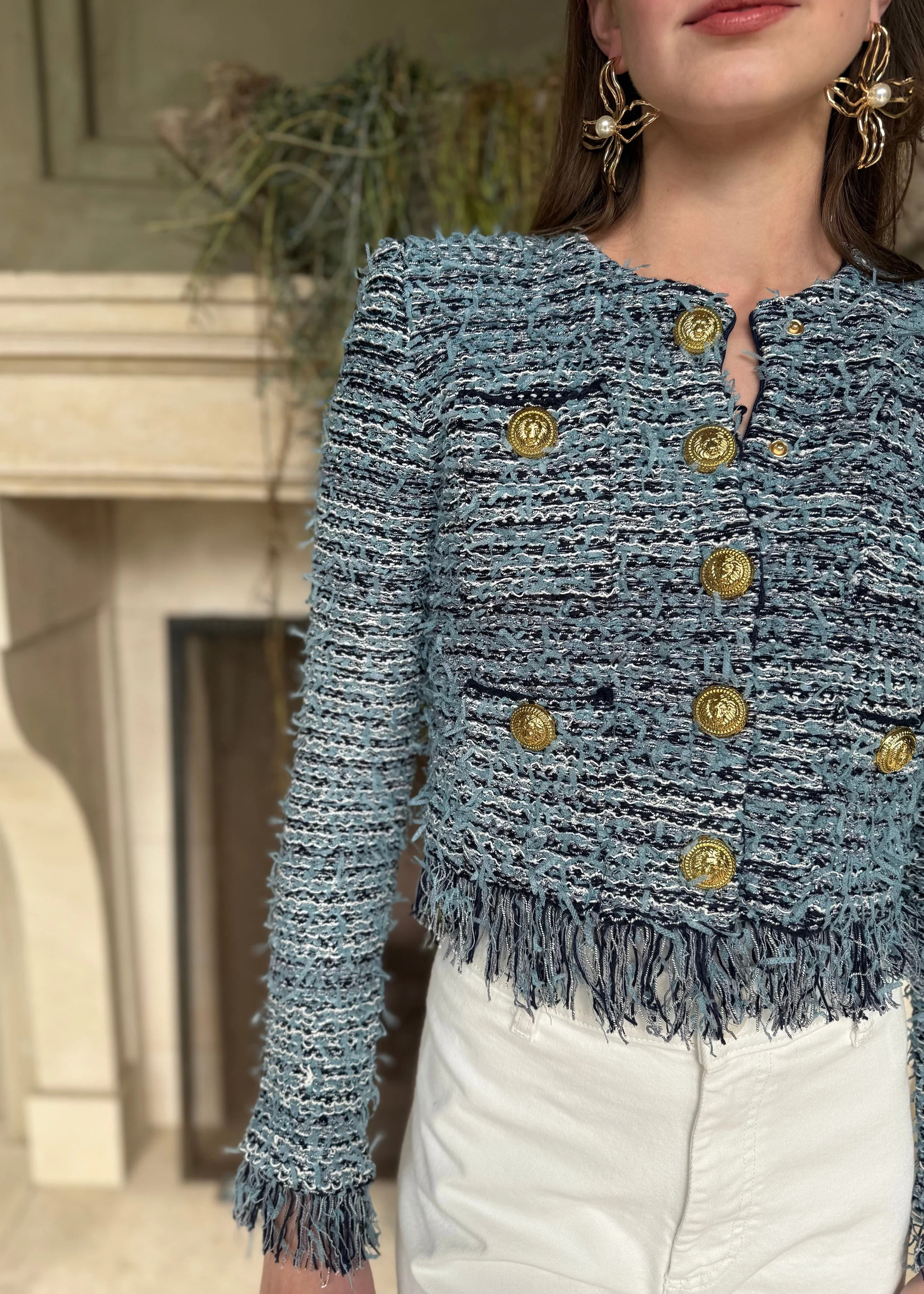 Justine Blue and Navy Fringe Cropped Cardigan Jacket | Benaar La