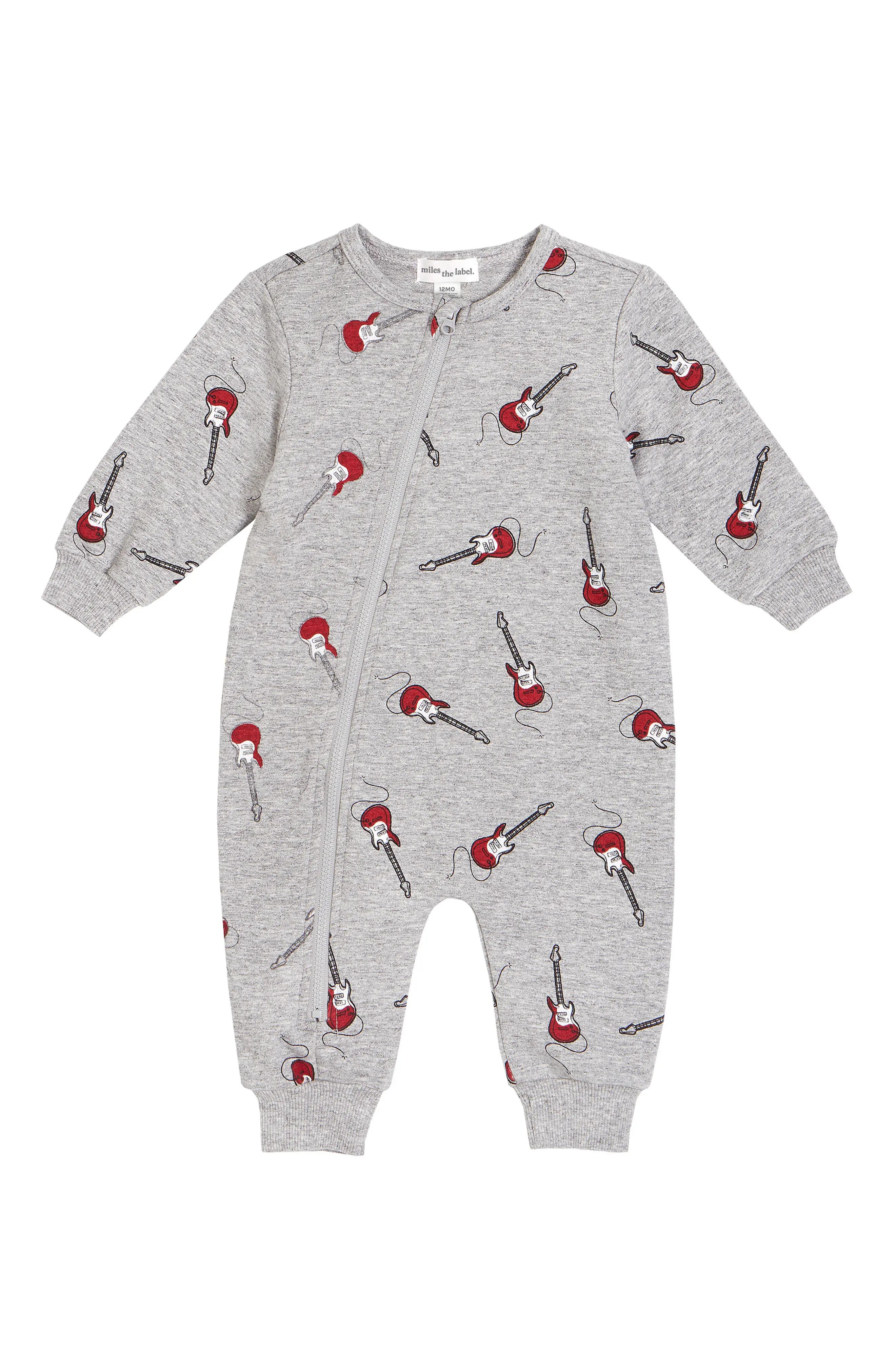 MILES THE LABEL miles Guitar Print Organic Cotton Romper, Size 6M in 905 Dk Heather Grey at Nordstro | Nordstrom