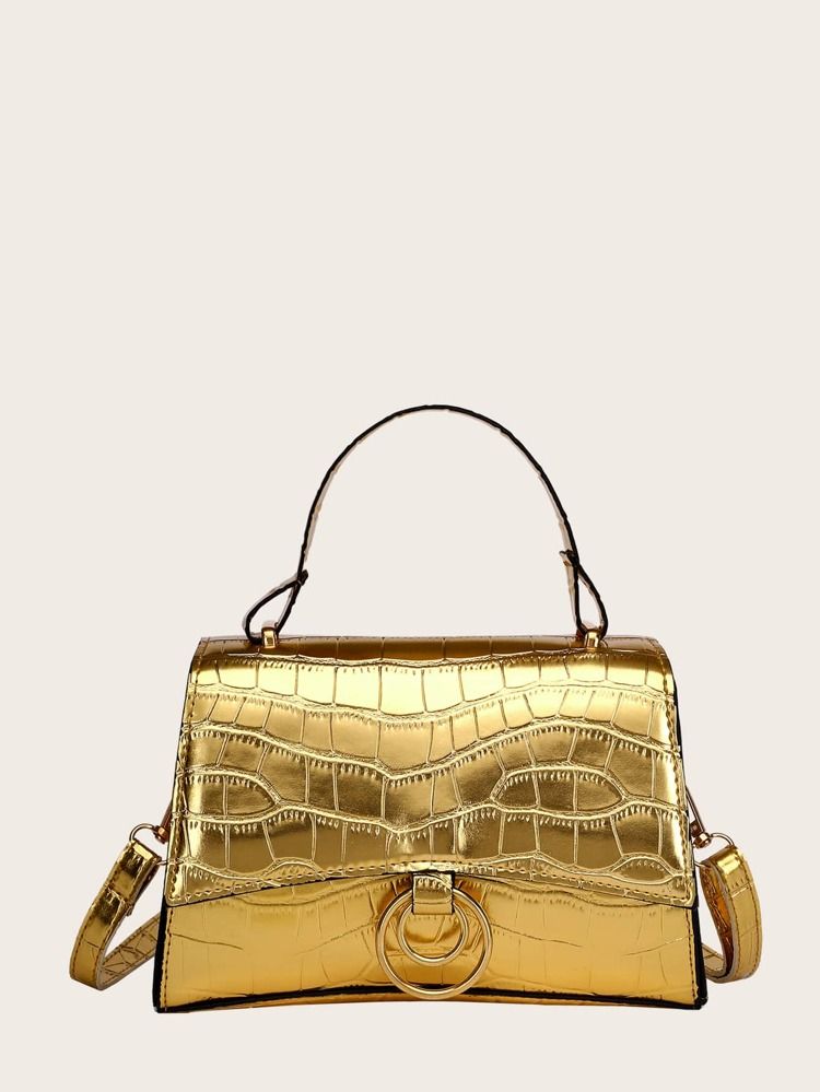 Metallic Croc Embossed Satchel Bag | SHEIN