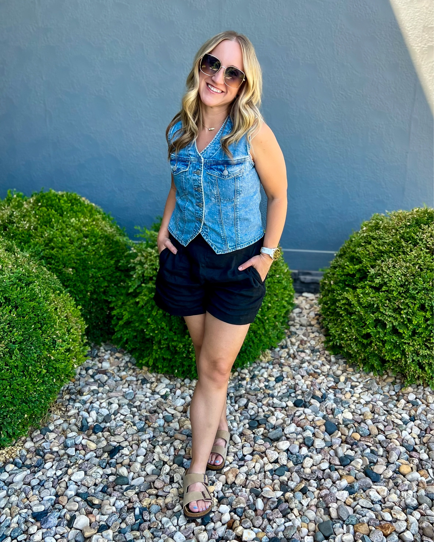 First day NOT wearing a shirt from our church in over a week 🤣 Back to that denim/black Monday uniform but make it SUMMER! Wearing a small in the vest and medium in the shorts! The whole outfit is just full of classic pieces to wear many different ways - perfect for a travel capsule! And great quality!

#LTKOver40 #LTKStyleTip #LTKTravel