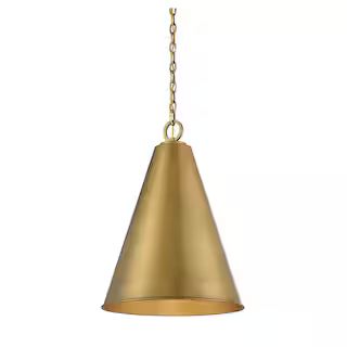 TUXEDO PARK LIGHTING 18 in. W x 27.75 in. H 1-Light Natural Brass Shaded Pendant Light with Metal... | The Home Depot