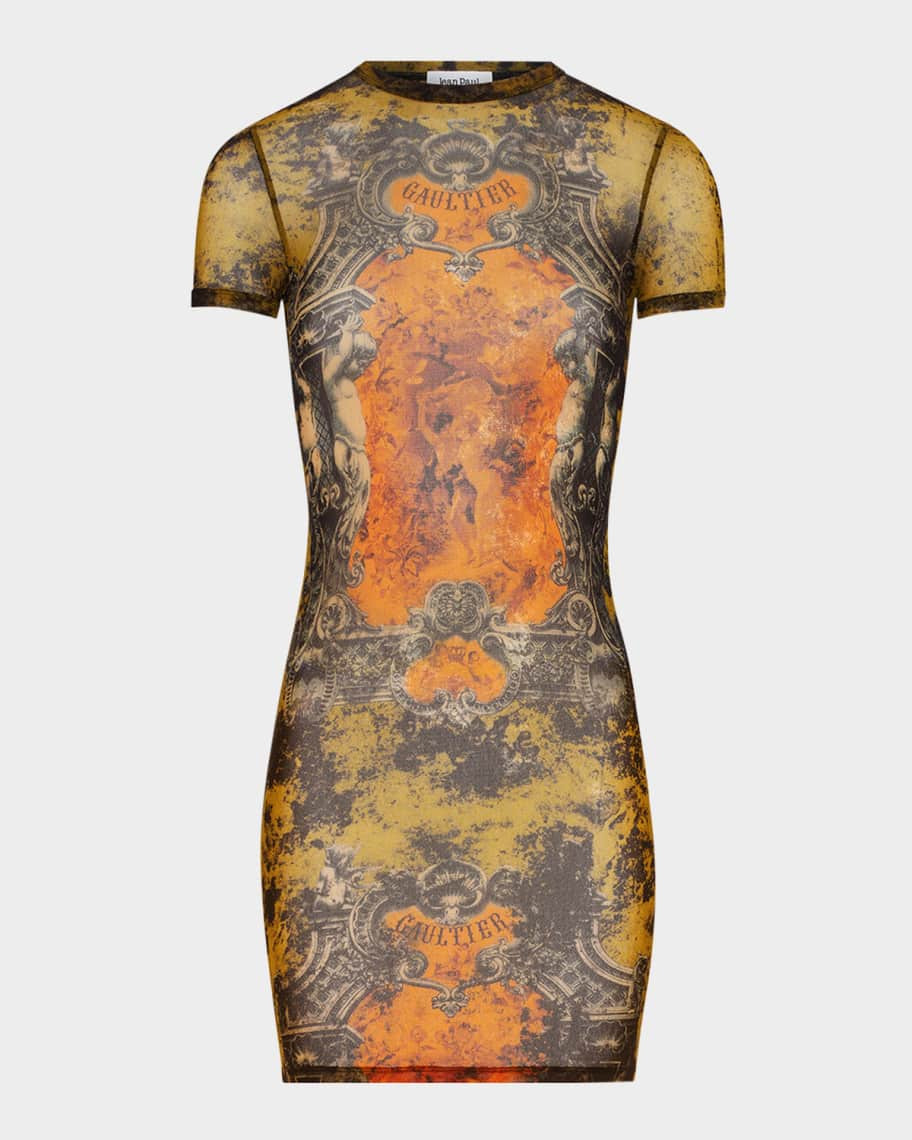 Jean Paul Gaultier Medallion-Printed Mesh Short-Sleeve Mini Dress | Neiman Marcus