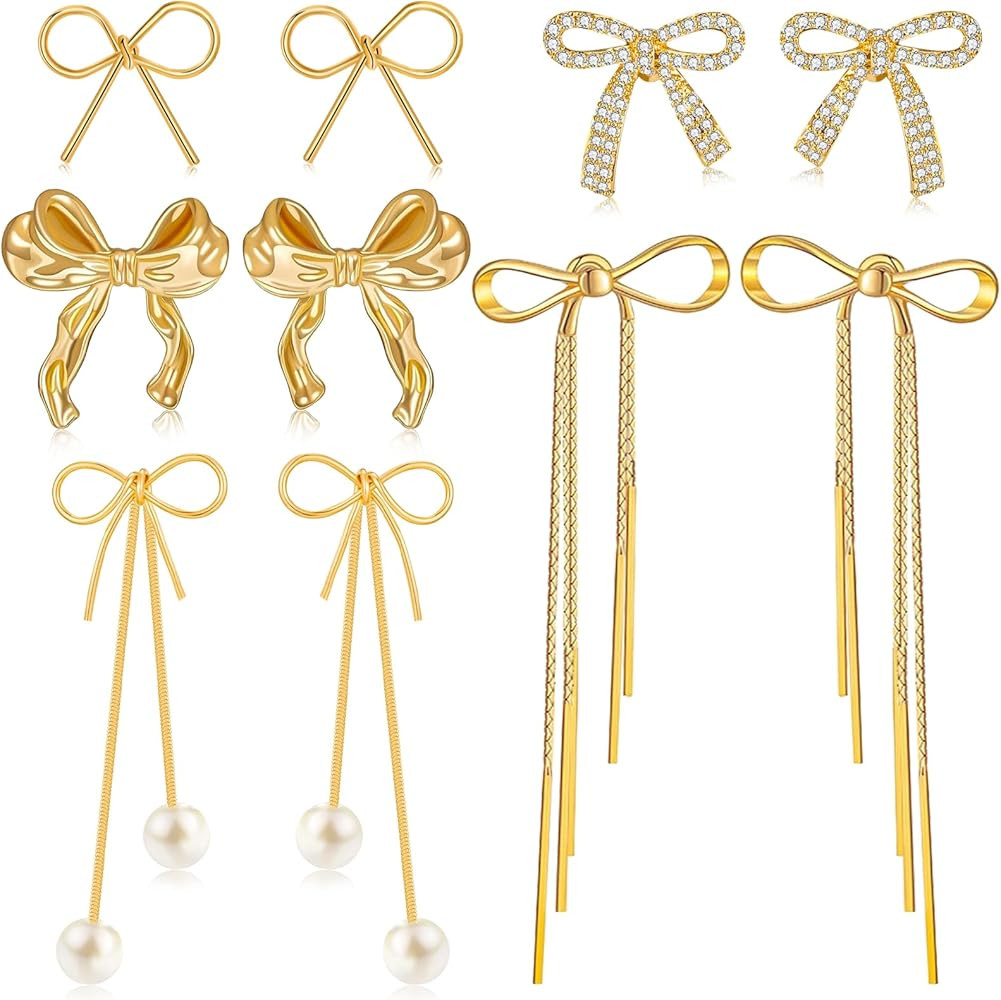 5 Pairs Gold Bow Earrings for Women Cute Ribbon Earrings Bow Stud Earrings Jewelry Christmas Gift... | Amazon (US)
