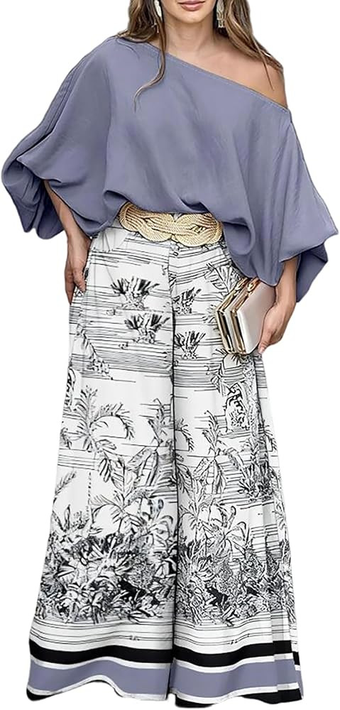 CHICME Women Summer 2 Piece Outfits Off Shoulder Top Flowy Wide Leg Pants Set Vacation Travel Air... | Amazon (US)