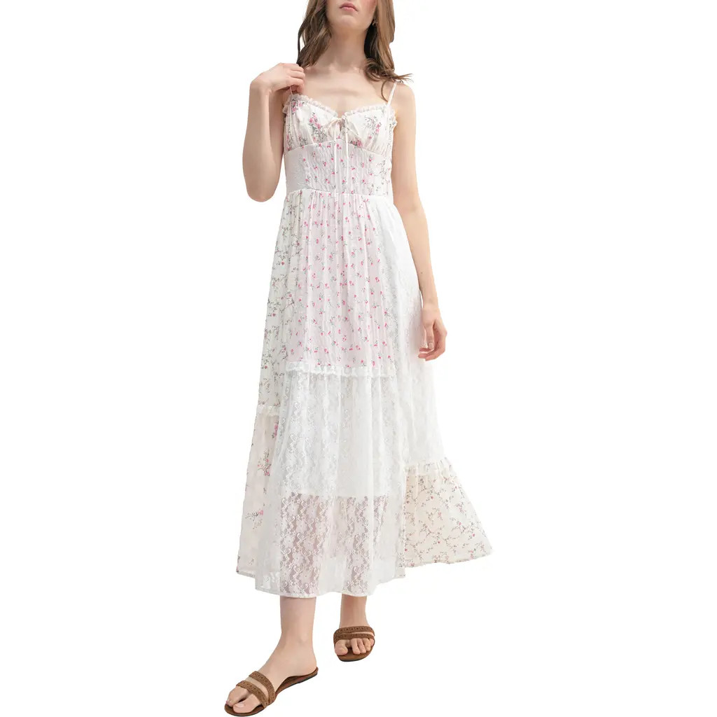 All in Favor Patchwork Sweetheart Neck Midi Dress in Ivory Multi Floral at Nordstrom Rack, Size X-Large | Nordstrom Rack
