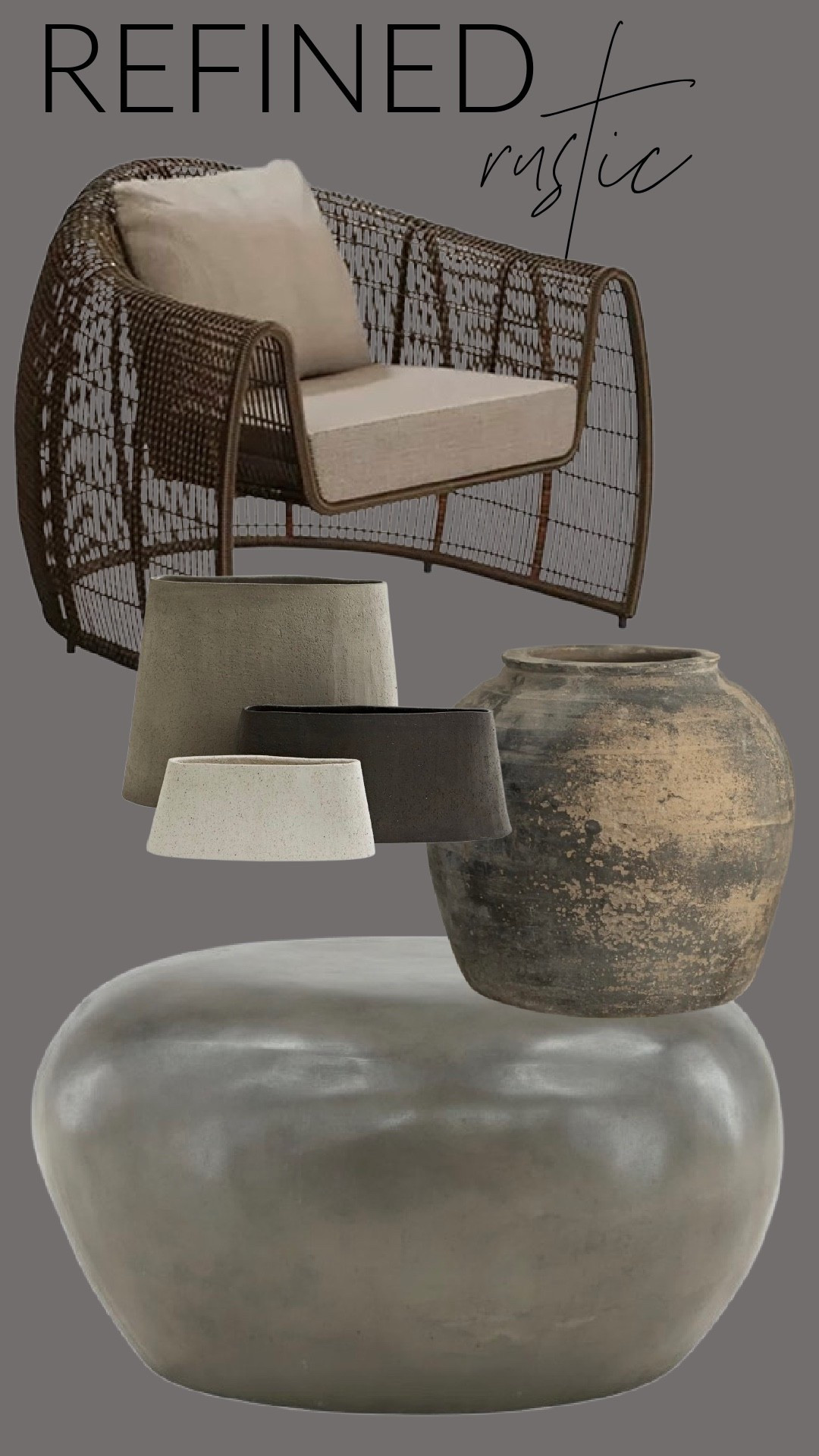 Refined rustic is all about mixing natural textures with elevated shapes. Think warm woven materials, aged pottery, sculptural furniture, and soft neutral layers that make a space feel collected but still calm.

This look pairs a woven statement chair, organic pottery, simple modern planters, and a sculptural coffee table that feels both rustic and refined at the same time.

I linked the pieces so you can recreate this refined rustic style in your own home.

#LTKHome #LTKSeasonal