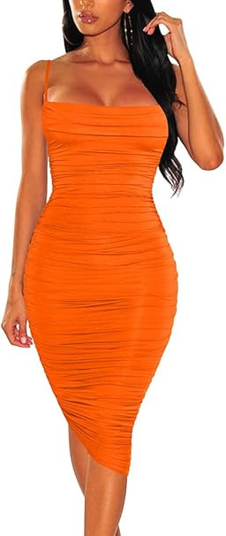 BEAGIMEG Women's Ruched Backless Spaghetti Strap Bodycon Party Club Midi Dress | Amazon (US)