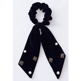 Velvet Bowknot Pearl Diamond Scrunchie in Black | Chicwish