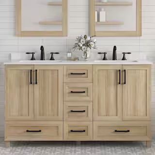 Glacier Bay Tobana 60 in. W x 19 in. D x 34 in. H Double Sink Bath Vanity in Weathered Tan with W... | The Home Depot