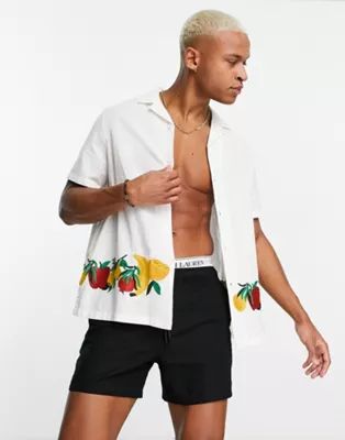 ASOS DESIGN relaxed revere linen mix shirt with fruit embroidered border | ASOS (Global)