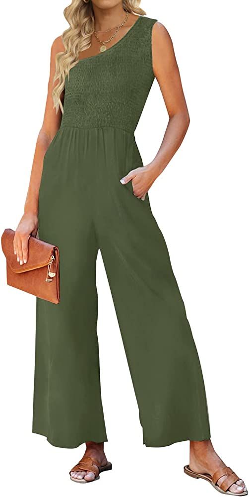 ZCSIA Women's Summer Casual Smocked One Shoulder Sleeveless Solid Wide Leg Jumpsuit Romper with Pock | Amazon (US)