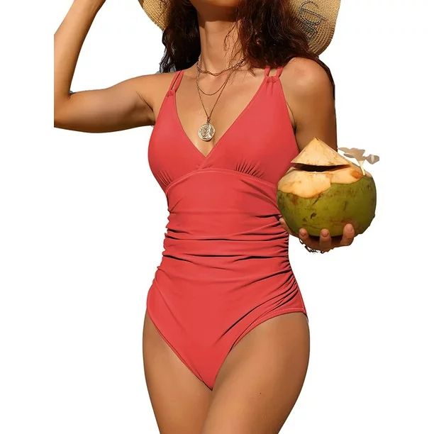 Charmo Womens V Neck One Piece Swimsuits Ruched Tummy Control Monokini Bathing Suits | Walmart (CA)