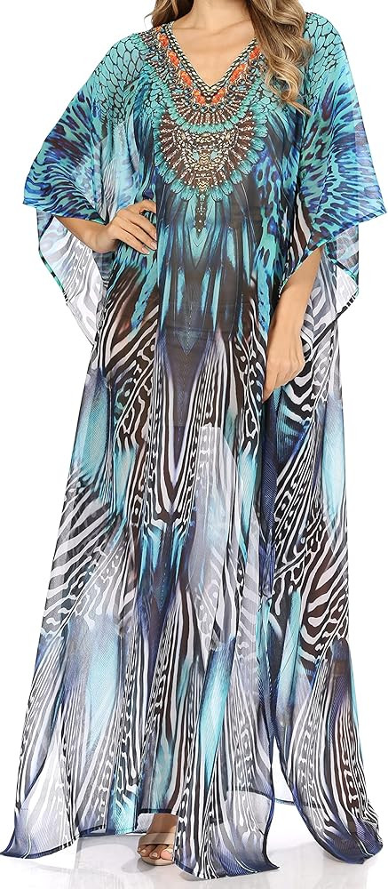 Sakkas Wilder Printed Design Long Sheer Rhinestone Caftan Dress/Cover Up | Amazon (US)