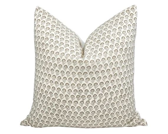 POSIE  Designer Tan Floral Linen Pillow Cover Block Print | Etsy | Etsy (US)