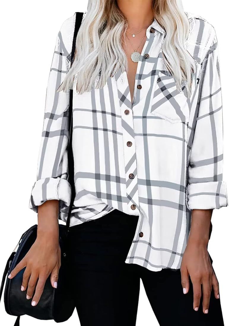 ZC&GF Women's Long Sleeve V-Neck Stripes Casual Blouses Pocket Button Down Shirt Tops | Amazon (US)