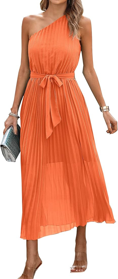 AOVDE Women's 2023 Summer One Shoulder Dress Sleeveless High Waist Belted Ruffle Hem A-Line Bohemian | Amazon (US)