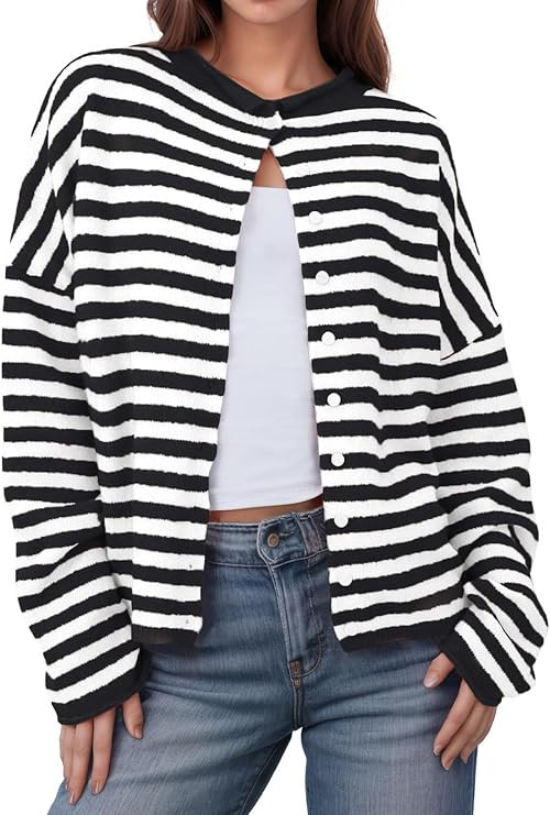 UNCLECAT Womens Striped Cardigan Sweater Casual Button Up Knit Tops Long Sleeve Sweaters Open Fro... | Amazon (US)