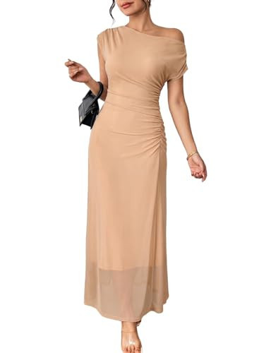 BLENCOT Women Summer Maxi Dress Elegant Off The Shoulder Ruched Waisted Solid Color Semi Formal Long Party Dresses for Wedding Guest Parchment S | Amazon (US)