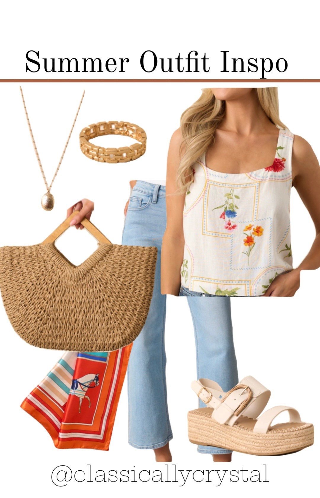 Cute and casual summer outfit inspo from Red Dress. Light wash jeans with a flora off white tank top, white platform shoes, red hair scarf and a straw purse. #ltksummer #summerfashion #summeroutfitinspo #inspo #reddress #ltkreddress #purse #summerstyle #summerlook #lookbook #lookinspo  

 #LTKSummerEdit #LTKSeasonal #LTKFindsUnder100