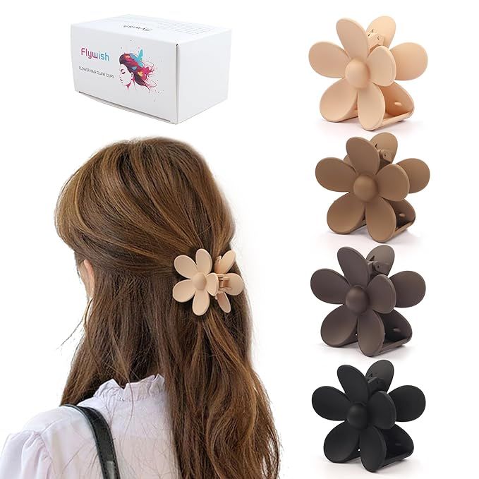 4 PCS Matte Flower Hair Clips, Flywish 3.15 Inch Hair Jaw Clips for Thick Thin Hair, Non Slip Str... | Amazon (US)