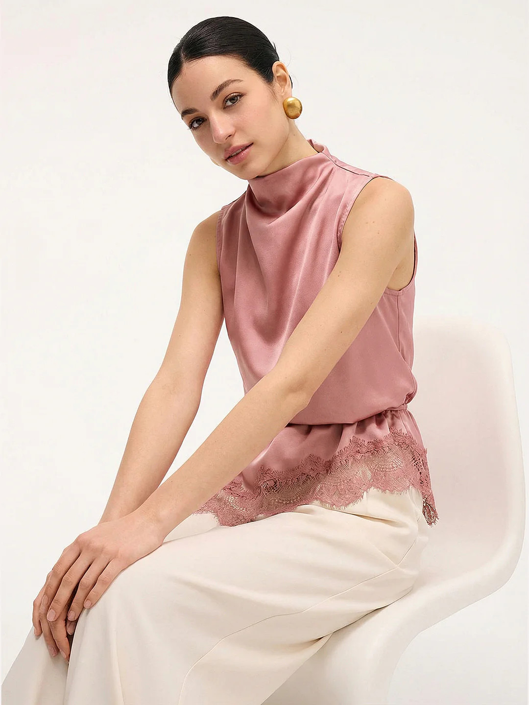 Lace Trim Satin Sleeveless Blouse | Commense