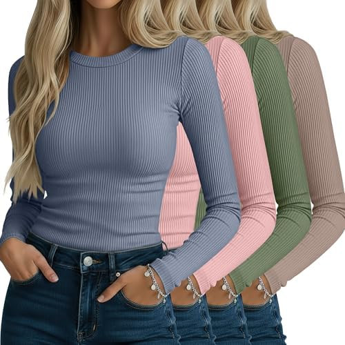 Neer 4 Pack Women's Ribbed Long Sleeve Shirts, Cotton Crew Neck Slim Fit Tops Stretch Knit Casual... | Amazon (US)