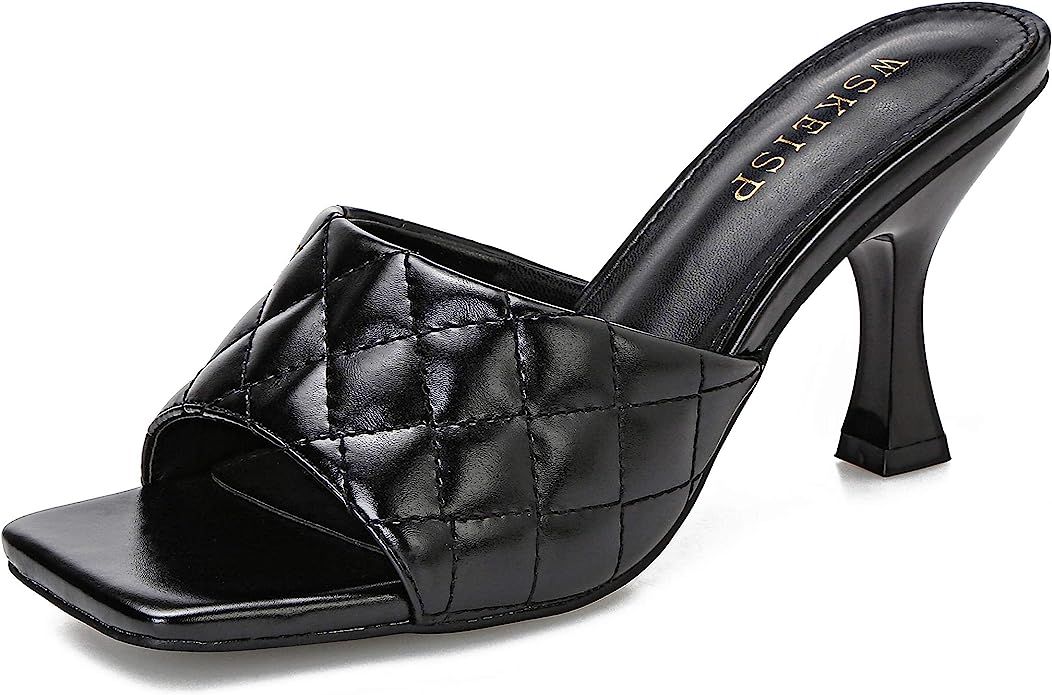 WSKEISP Women's Heels Mules Slip On Square Open Toe Sandals Dress Backless Stiletto High Heel Sli... | Amazon (US)