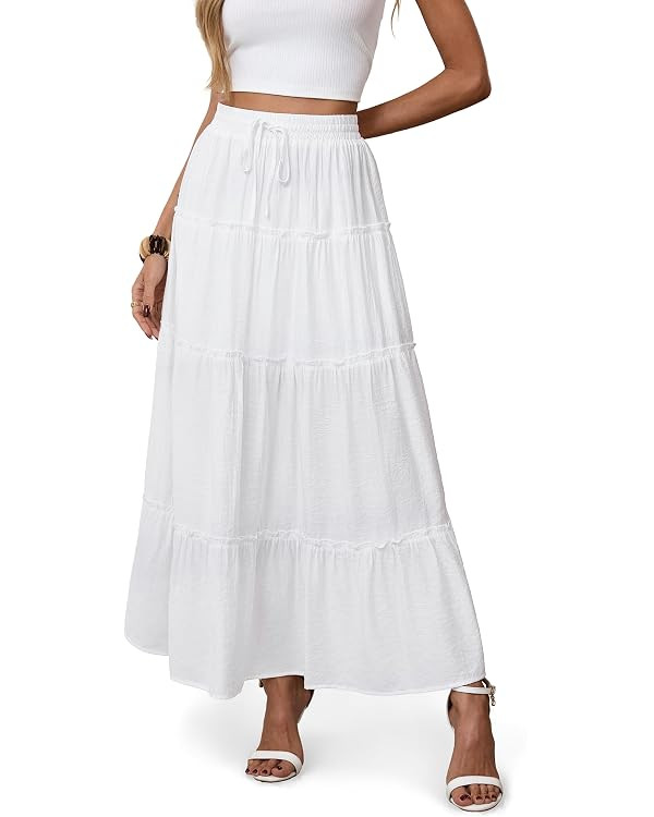 Maxi Skirts for Women, Elastic High Waist A-Line Tiered Boho Long Flowy Skirts 2026 Summer Dress ... | Amazon (US)