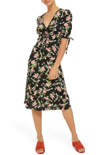 Women's Topshop Floral Ruched Midi Dress, Size 2 US (fits like 0) - Black | Nordstrom
