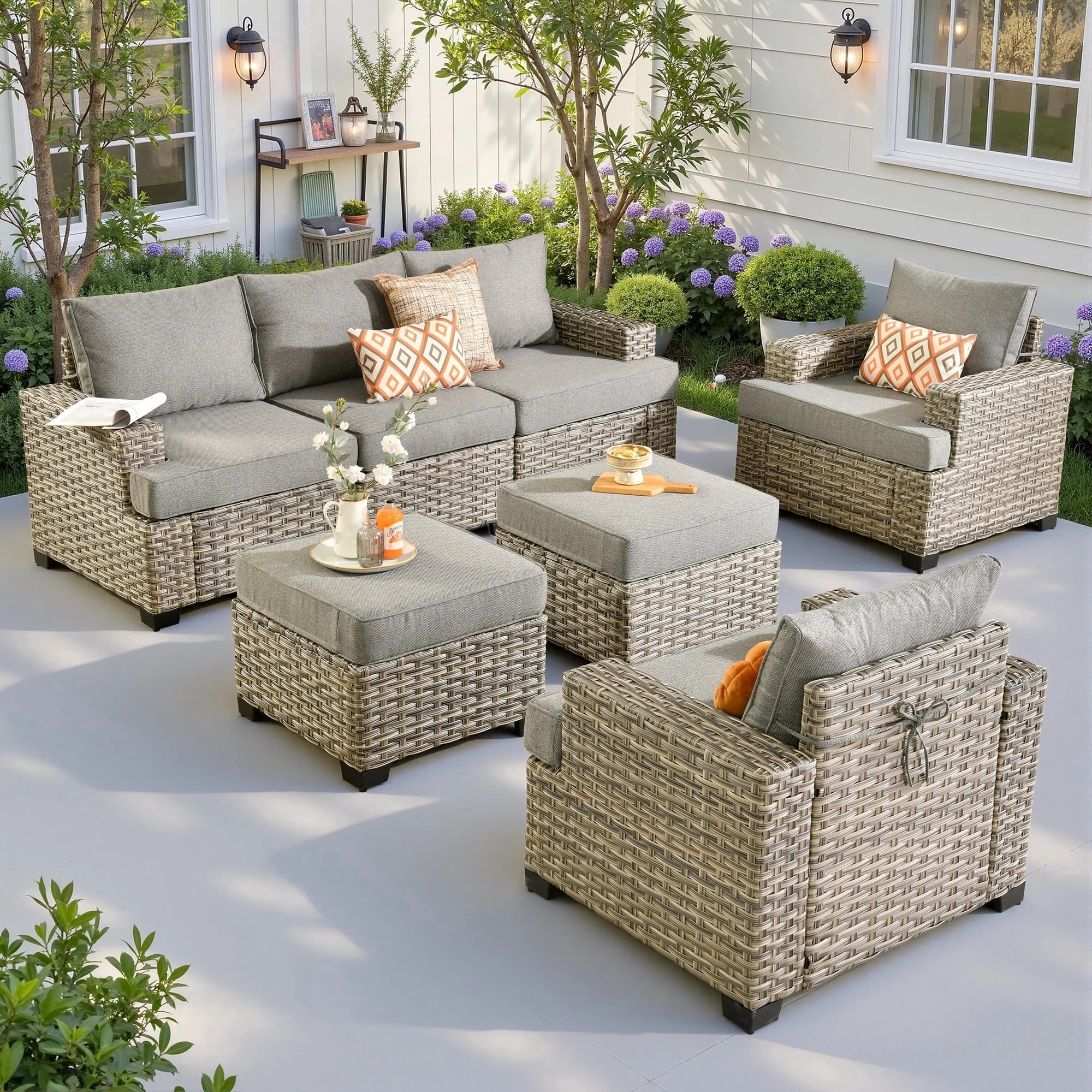 Ovios 7 Pieces Outdoor Patio Furniture Set Rattan Wicker Sectional Sofa & Chairs with Ottomans fo... | Walmart (US)