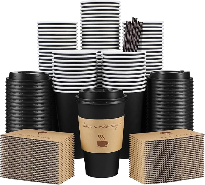 100 Pack 16 oz Coffee Cups with Lids, Disposable To Go Paper Coffee Cups with Sleeves and Stirrin... | Amazon (US)