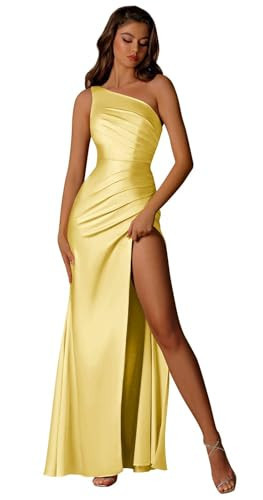 Bolodoo Yellow One Shoulder Bridesmaid Dress with Slit Satin Formal Dress Yellow Silk Dress for Women Wedding Guest Dresses Size 0 | Amazon (US)