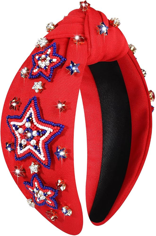 4th of July Accessories for Women - American Flag Patriotic Headband, Rhinestone Pearl Knotted Be... | Amazon (US)