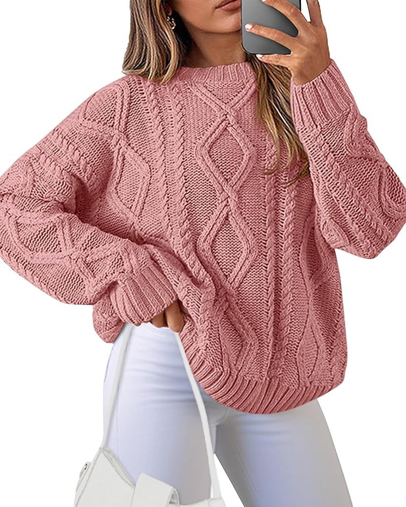 BTFBM Casual Women Long Sleeve Sweater 2026 Fall Ribbed Knit Pullover Loose Crewneck Cable Sweate... | Amazon (US)