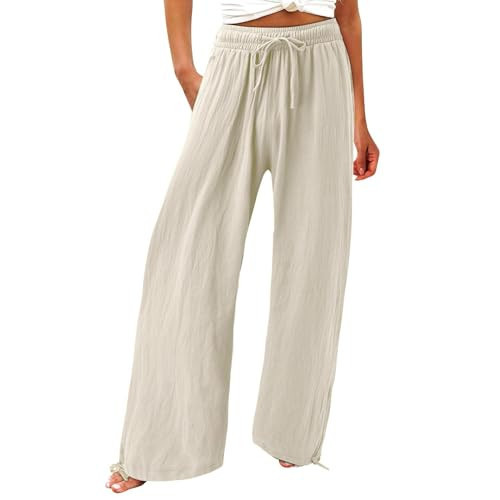 Khaki Linen Wide Leg Pants for Women Summer Drawstring High Waisted Palazzo Pants with Pockets Beach Flowy Boho Pants Loose Fit Lounge Pants Lightweight Comfy Soft Travel Pants 2025 Resort Wear | Amazon (US)