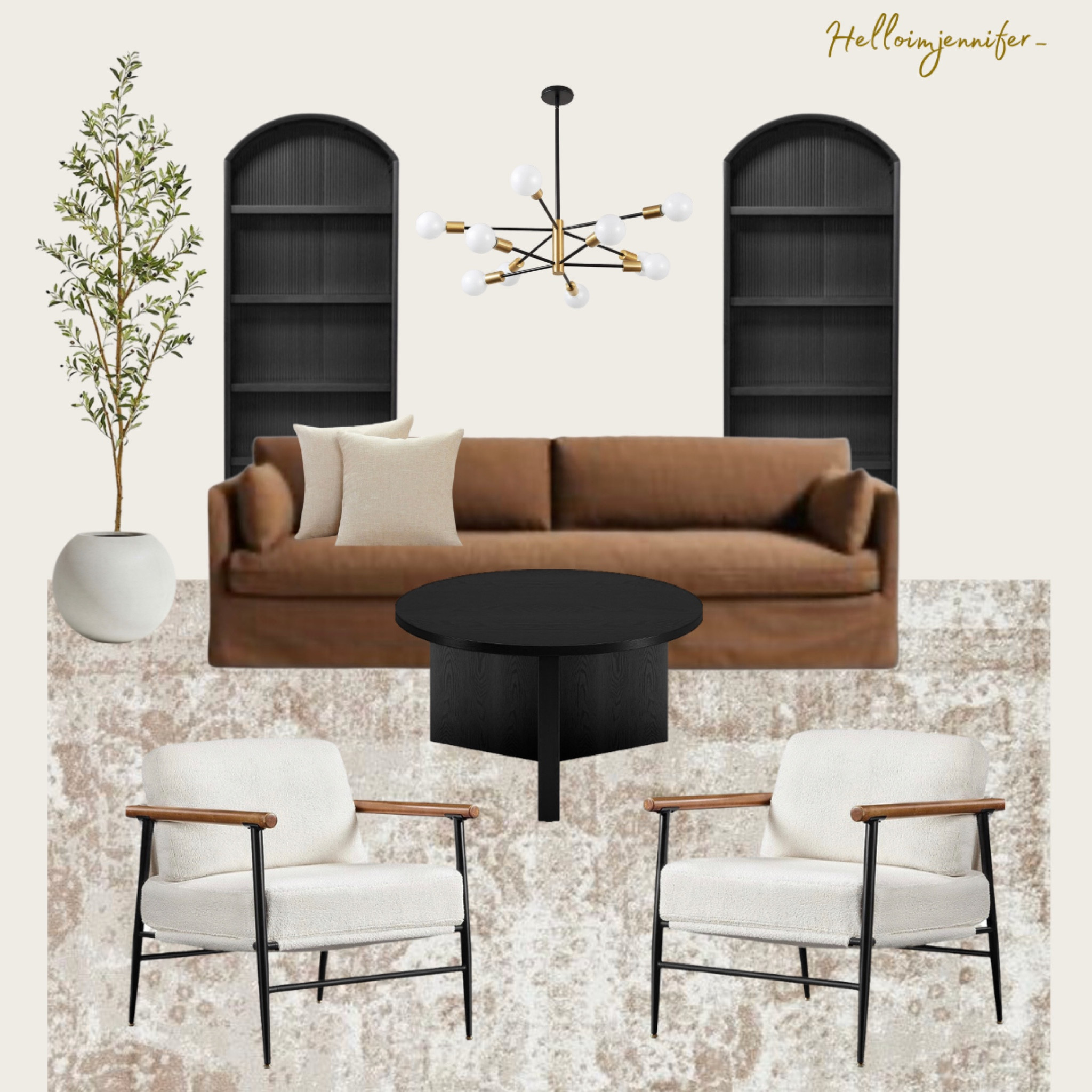 Black bookshelves, Black and gold chandelier, Neutral living room design, Brown couch, Light accent chairs 
Black coffee table, Round coffee table 
Neutral rugs,  Faux olive tree, Indoor Planters, neutral sofas, black armoire,
Amazon home, Target, west elm, cb2, Wayfair 

#LTKcurves #LTKstyletip #LTKhome