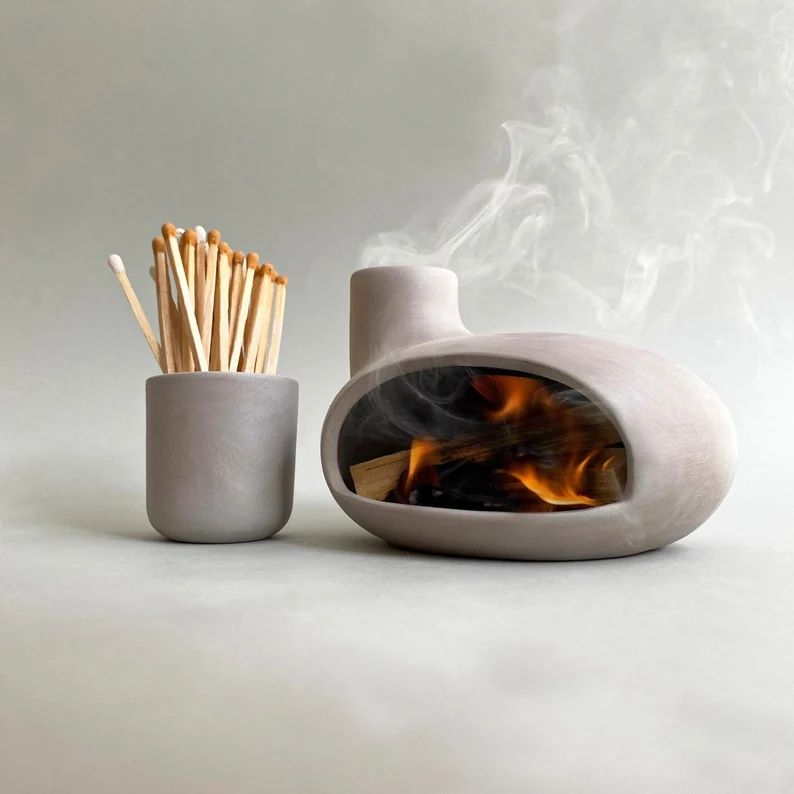 Palo Santo Burner and Matchstick Holder Set, Tabletop Fireplace, Handmade Modern Ceramic Chimney ... | Etsy (US)
