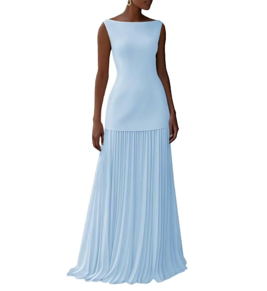 Pleated Bridesmaid Dresses for Women 2025 Boat Neck Formal Dresss Long A Line Wedding Guest Party... | Amazon (US)