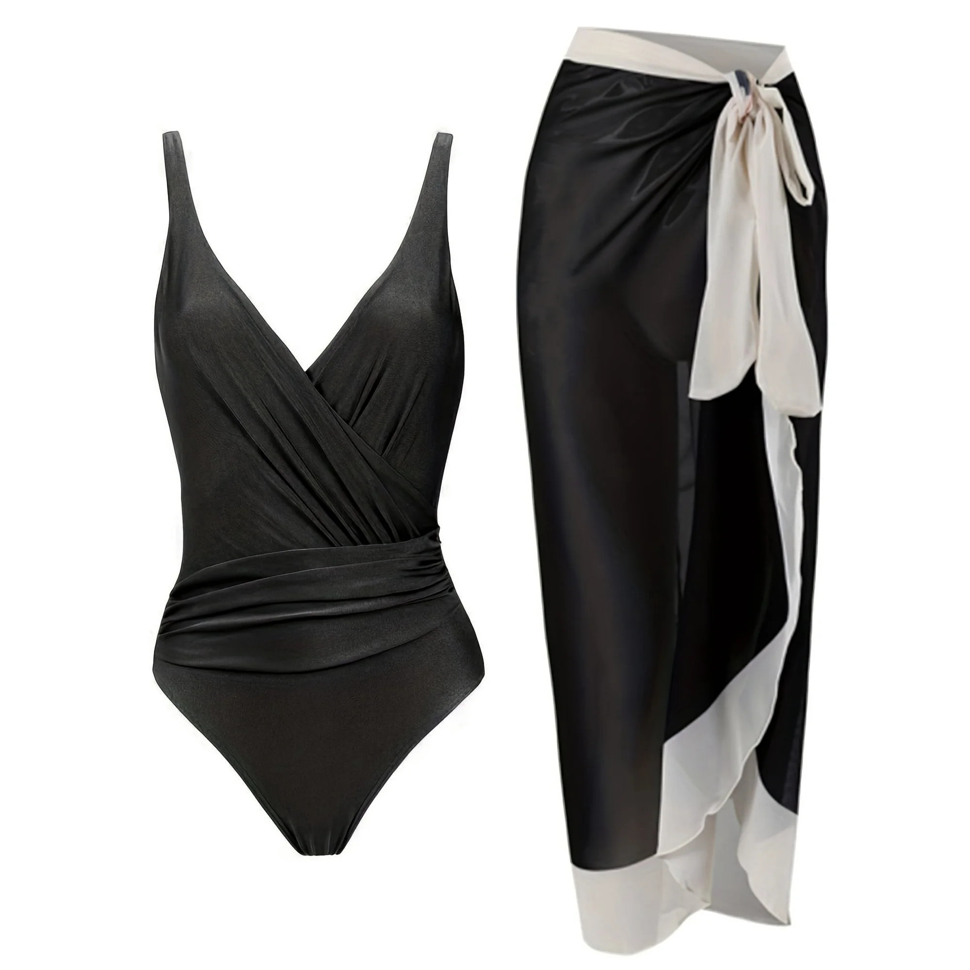 BERANMEY Women's Tropical Print One Piece Swimsuit with Cover up Beach Skirt Sarong Two Piece Flo... | Walmart (US)