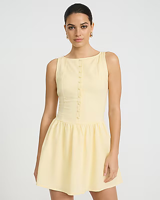 Express Women's Date Night,Casual Linen-Blend Button Front Smocked Back Drop Waist Mini Dress | Express