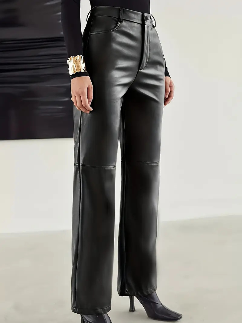 Pu Leather Straight Leg Pants Casual Pocket High Waist Pants - Temu | Temu Affiliate Program