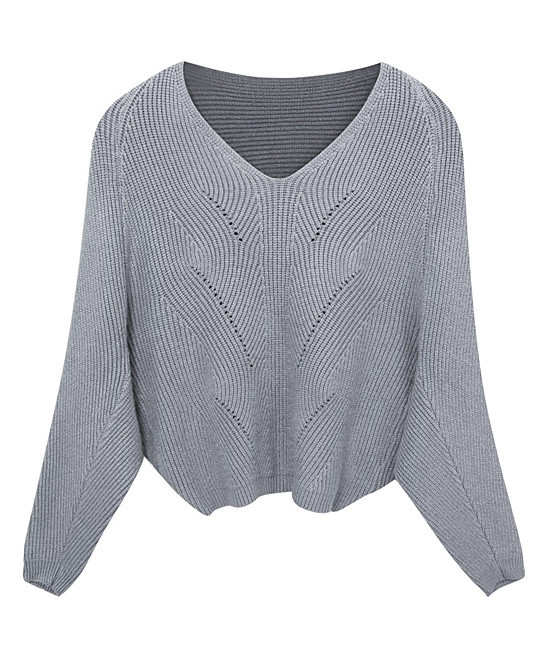 Abyoxi Women's Pullover Sweaters gray - Gray Scallop-Knit V-Neck Sweater - Women | Zulily