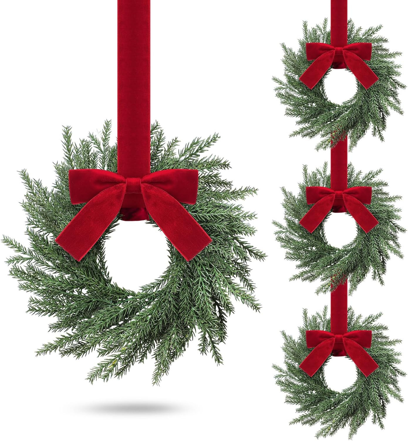 4 Pcs Small Christmas Norfolk Wreaths Evergreen 12.6 Inch Christmas Kitchen Cabinet Mini Wreaths Real Touch with Bow and Burgundy Ribbon for Xmas Front Door Window Home Table Pillar Decor | Amazon (US)