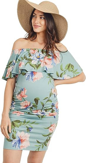 Hello MIZ Women's Floral Ruffle Off Shoulder Maternity Dress - Made in USA | Amazon (US)